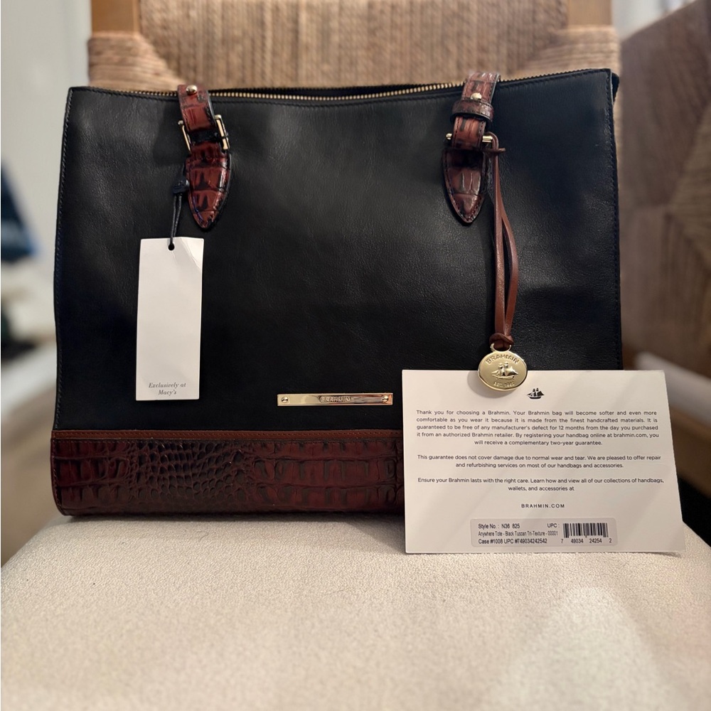 Brahmin Black Leather Tote with Brown Croc-Accent